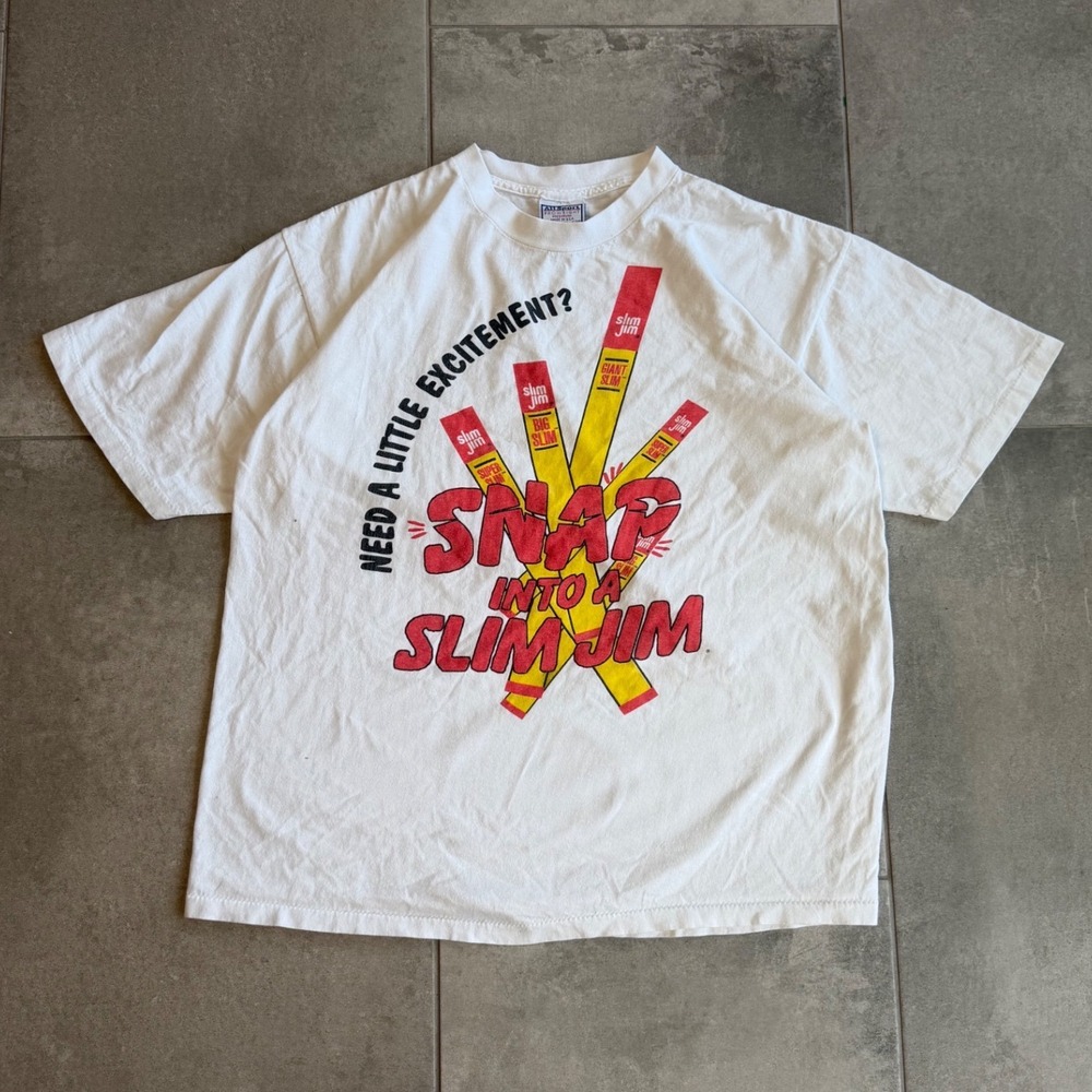 Vintage All Sport Snap Into Slim Jim Graphic T-Shirt White Single Stitch 90s XL
